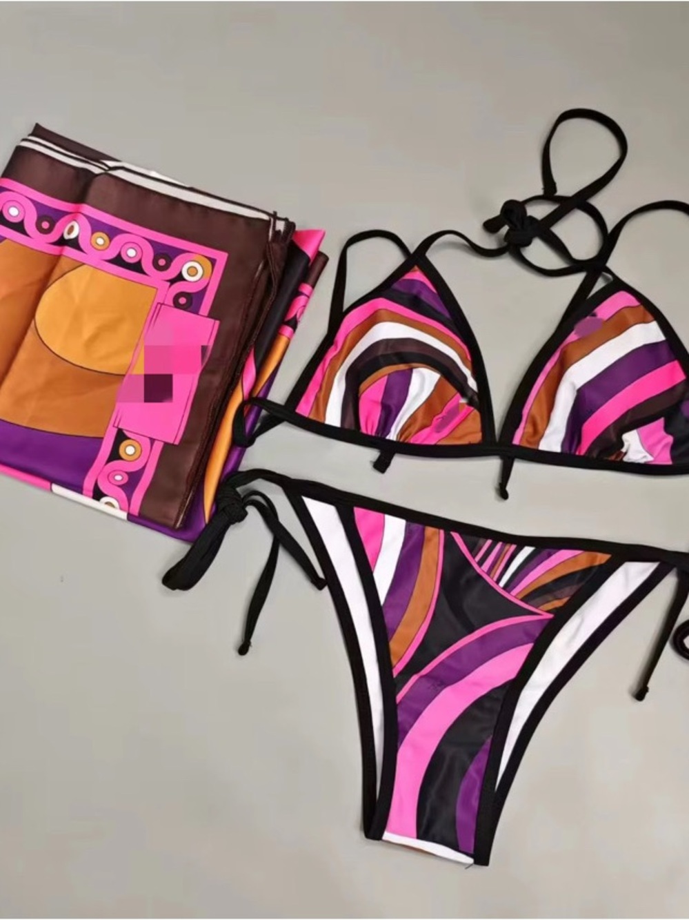 Women's Pink & Brown Striped Tie Bikini Set